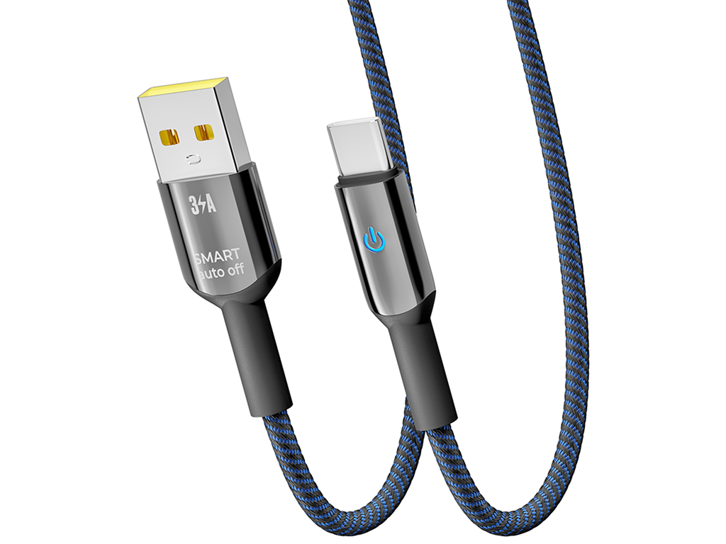 Кабель Yoki Smart, USB-A — Type-C, 3A, LED индикатор, 2м, Синий