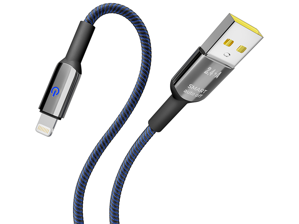 Кабель Yoki Smart, USB-A — Lightning, 2,4A, LED индикатор, 2м, Синий