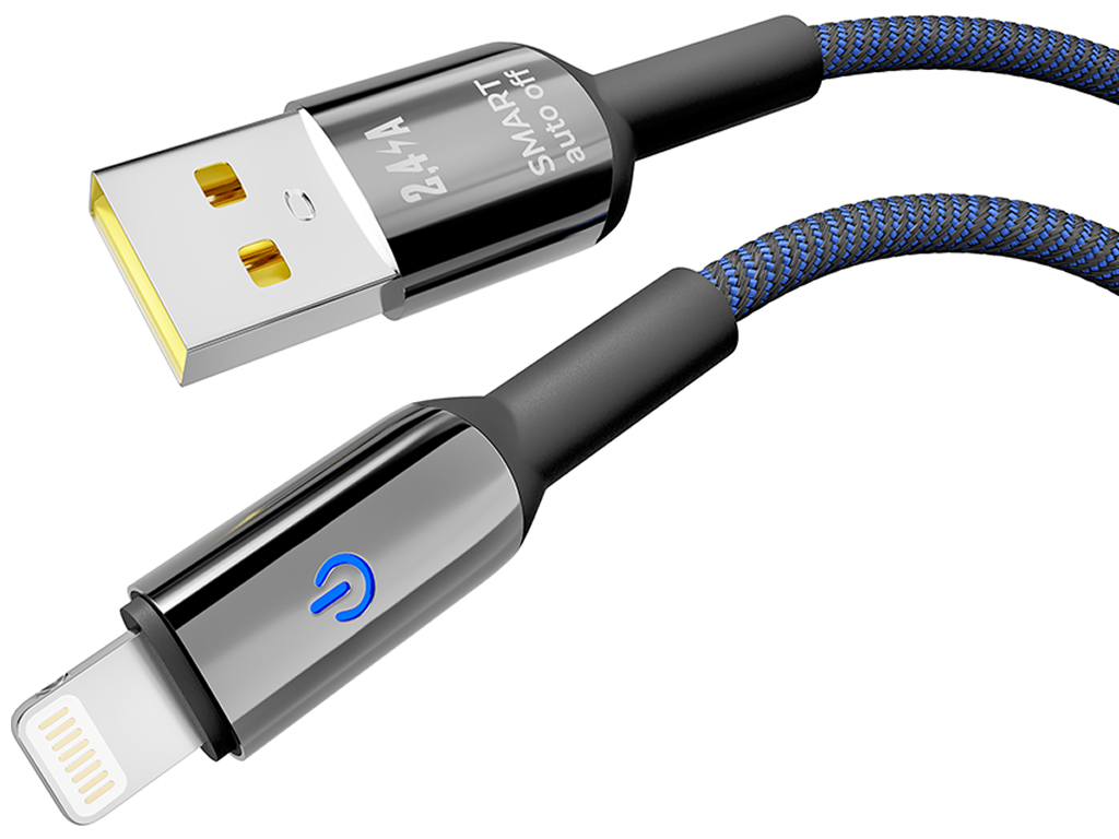 Кабель Yoki Smart, USB-A — Lightning, 2,4A, LED индикатор, 2м, Синий