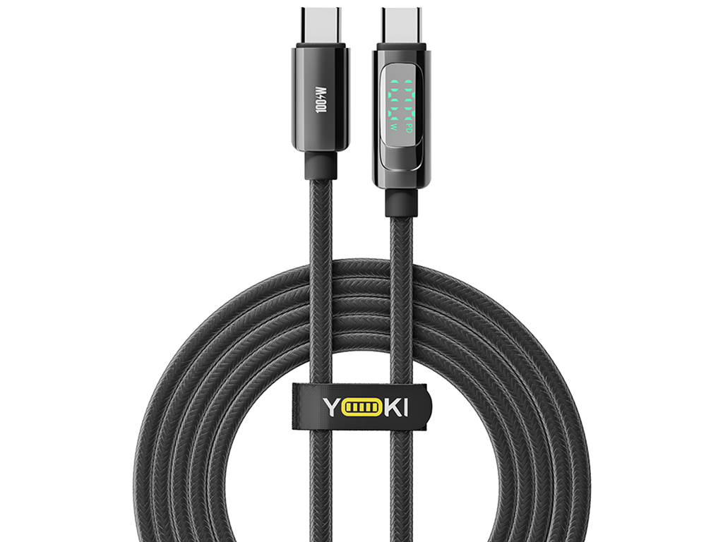 Кабель Yoki Display, Type-C - Type-C, 100W, 2 м, с дисплеем, Черный
