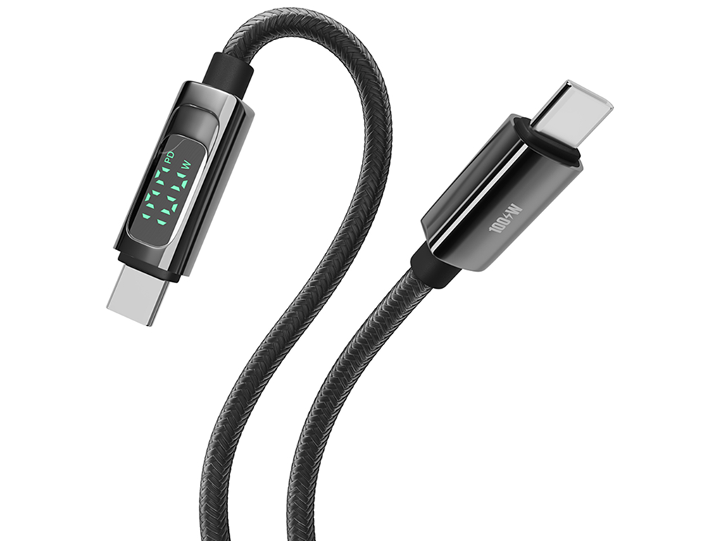 Кабель Yoki Display, Type-C - Type-C, 100W, 2 м, с дисплеем, Черный