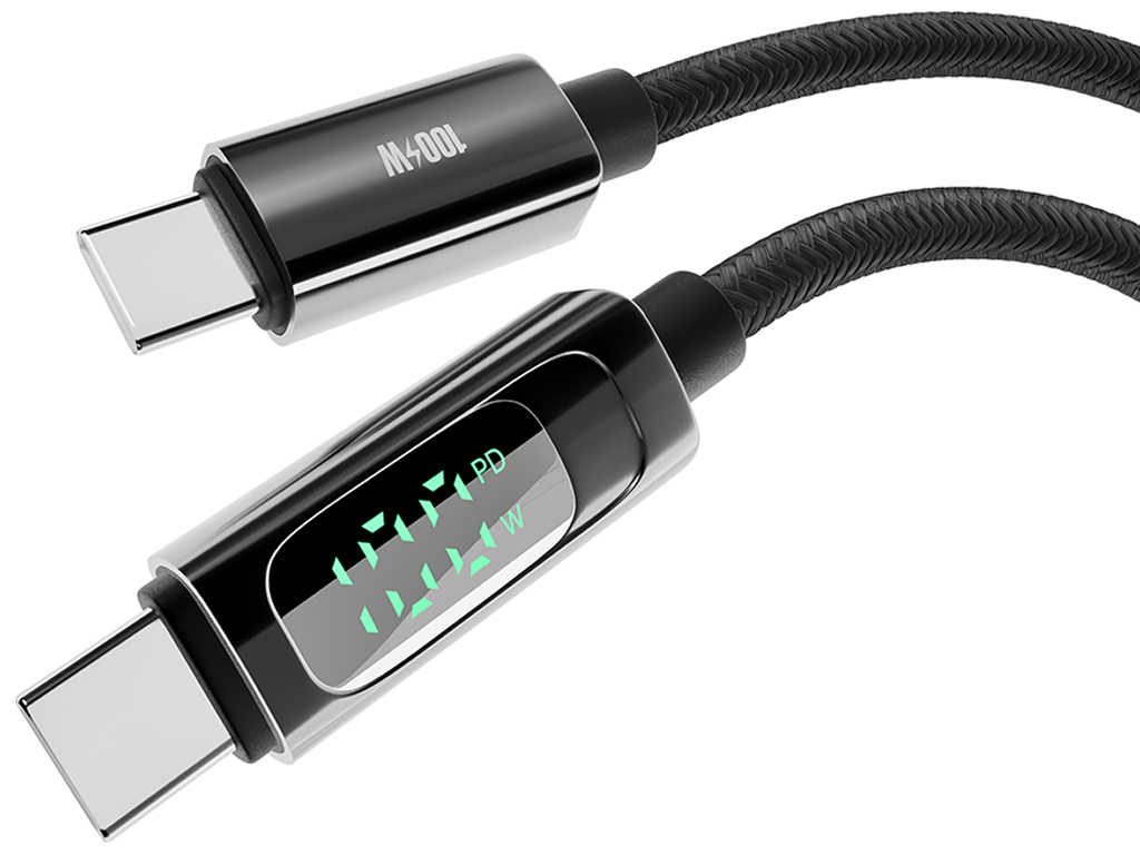 Кабель Yoki Display, Type-C - Type-C, 100W, 2 м, с дисплеем, Черный