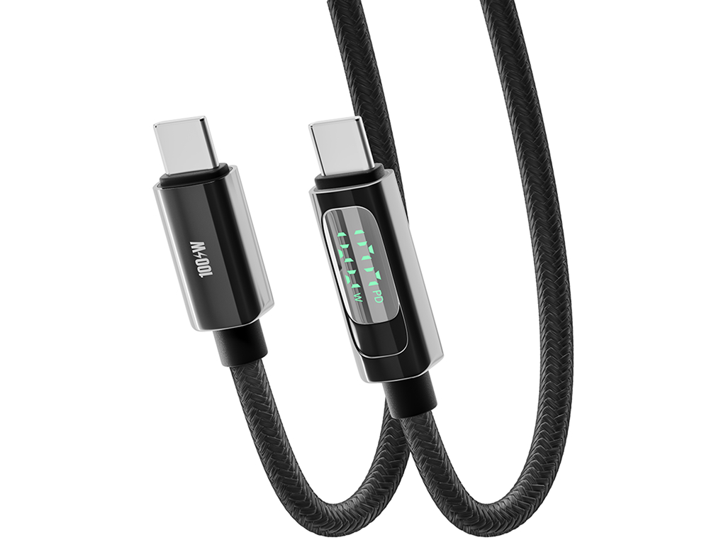 Кабель Yoki Display, Type-C - Type-C, 100W, 2 м, с дисплеем, Черный