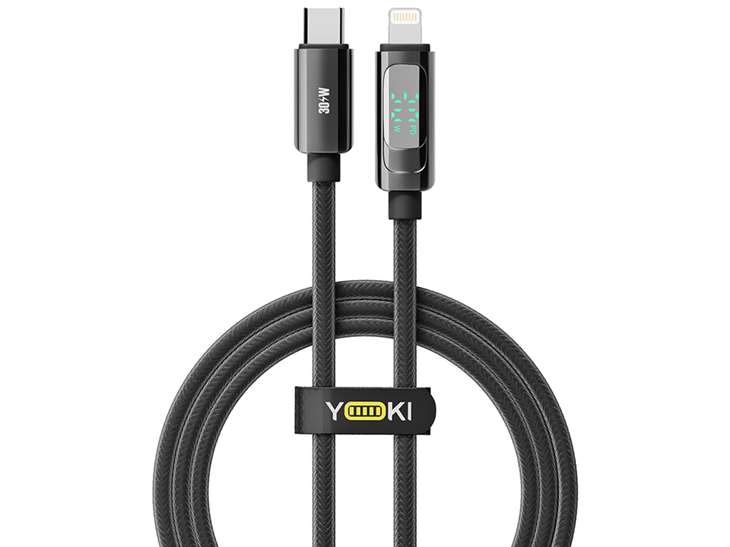 Кабель Yoki Display, Type-C - Lightning, 30W, 1,2 м, с дисплеем, Черный