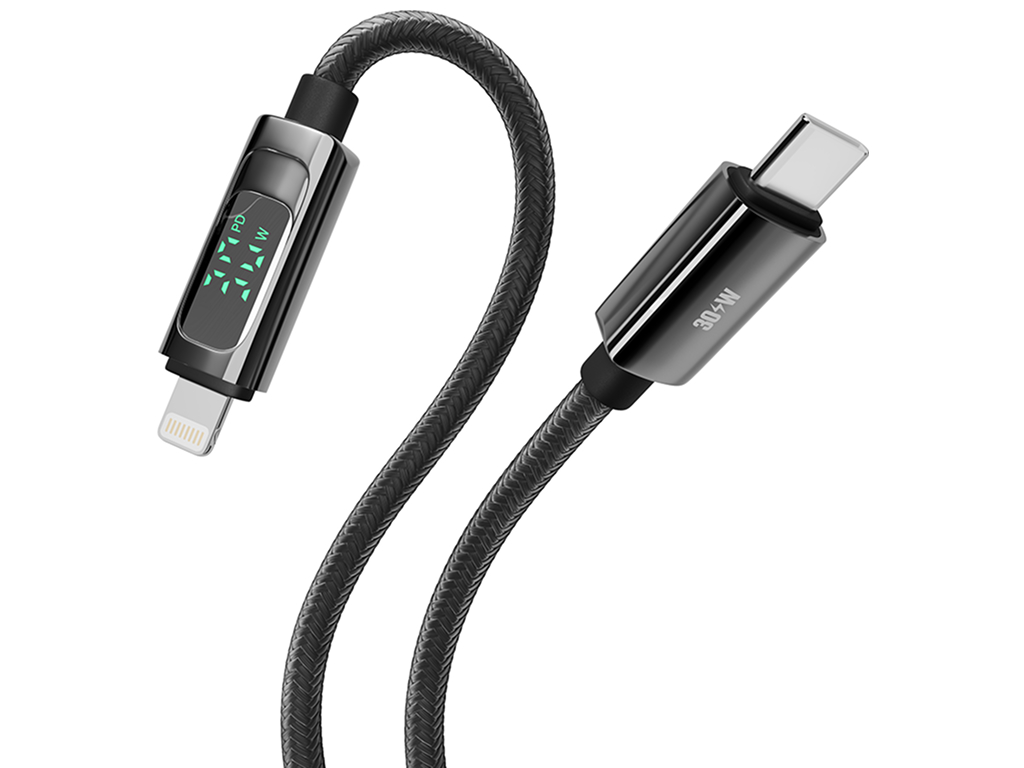 Кабель Yoki Display, Type-C - Lightning, 30W, 1,2 м, с дисплеем, Черный