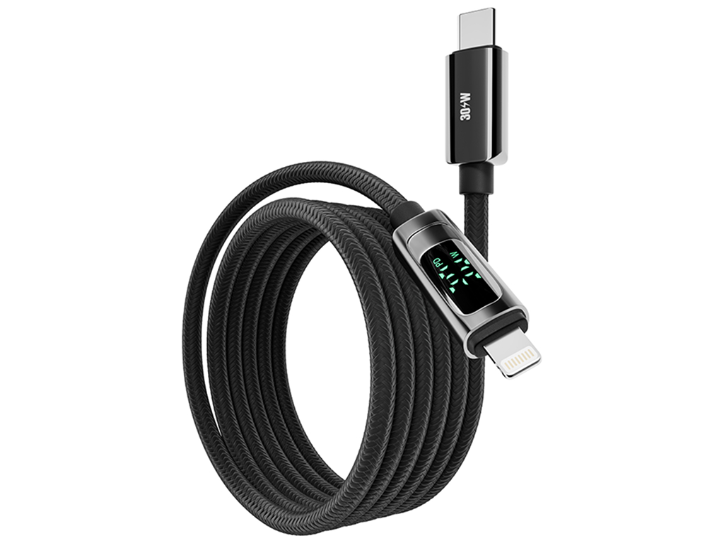 Кабель Yoki Display, Type-C - Lightning, 30W, 1,2 м, с дисплеем, Черный