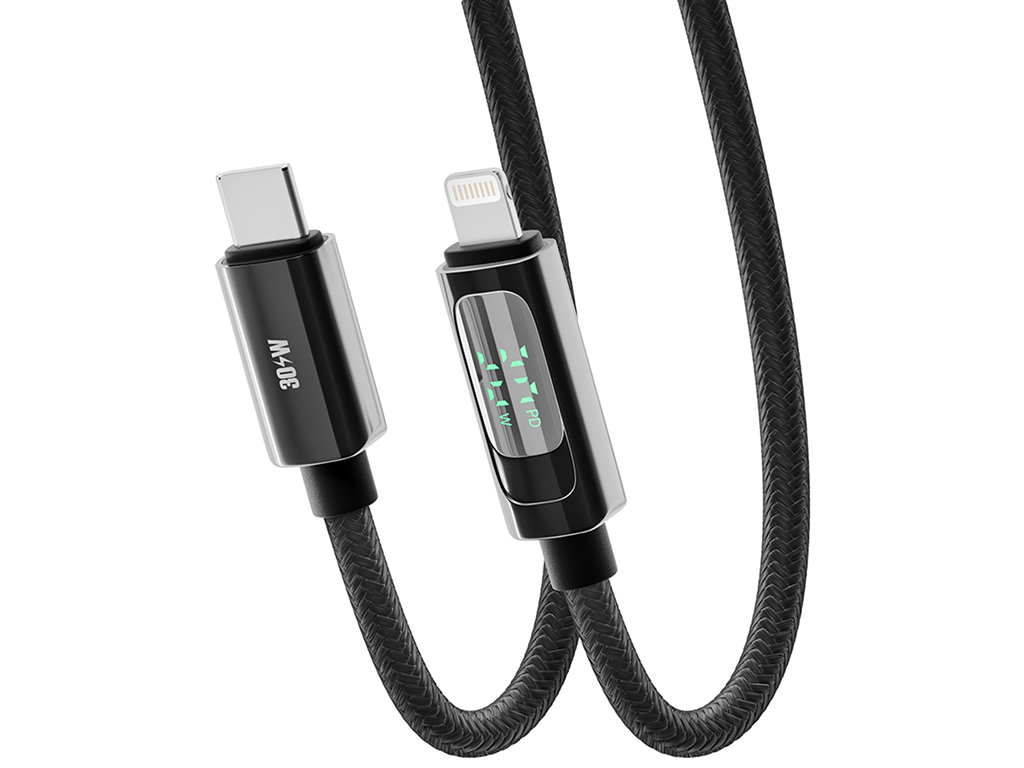 Кабель Yoki Display, Type-C - Lightning, 30W, 1,2 м, с дисплеем, Черный