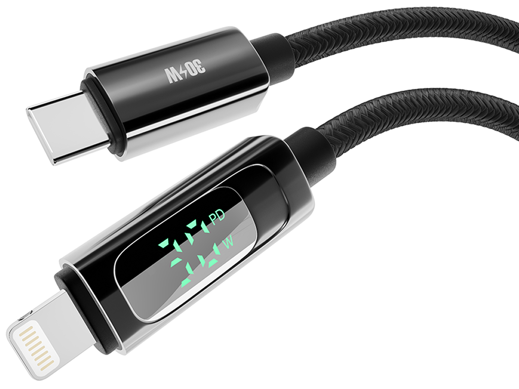 Кабель Yoki Display, Type-C - Lightning, 30W, 1,2 м, с дисплеем, Черный