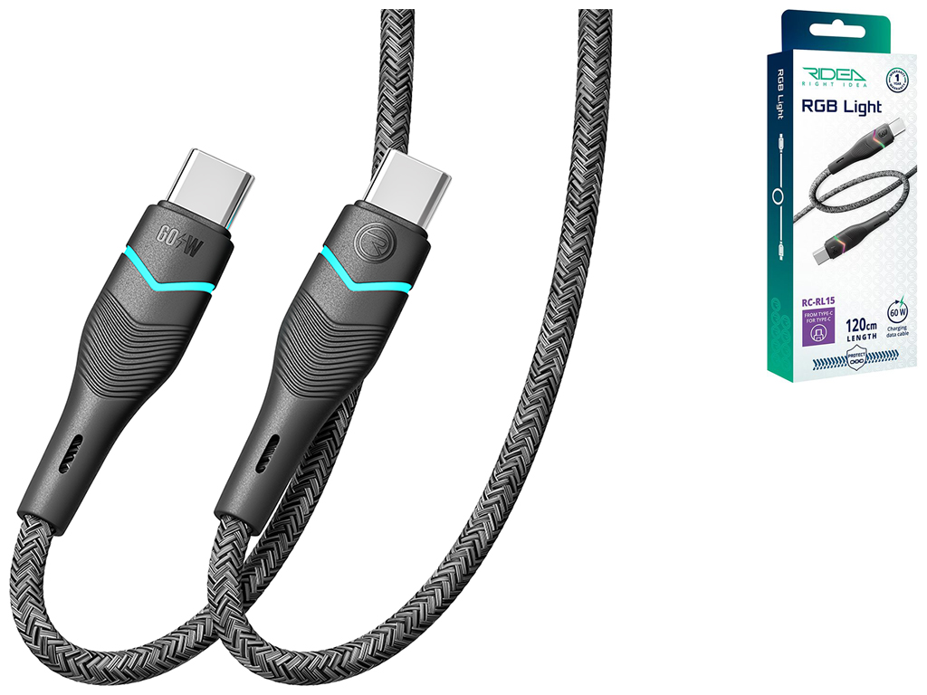 Кабель USB Ridea RC-RL15 RGB Light Type-C to Type-C 60W 1,2м Цвет Черный