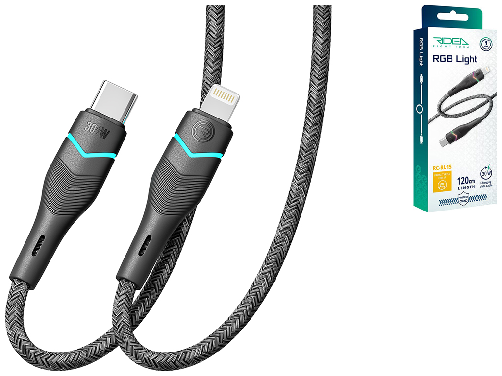 Кабель USB Ridea RC-RL15 RGB Light Type-C to Lightning 30W 1,2м Цвет Черный