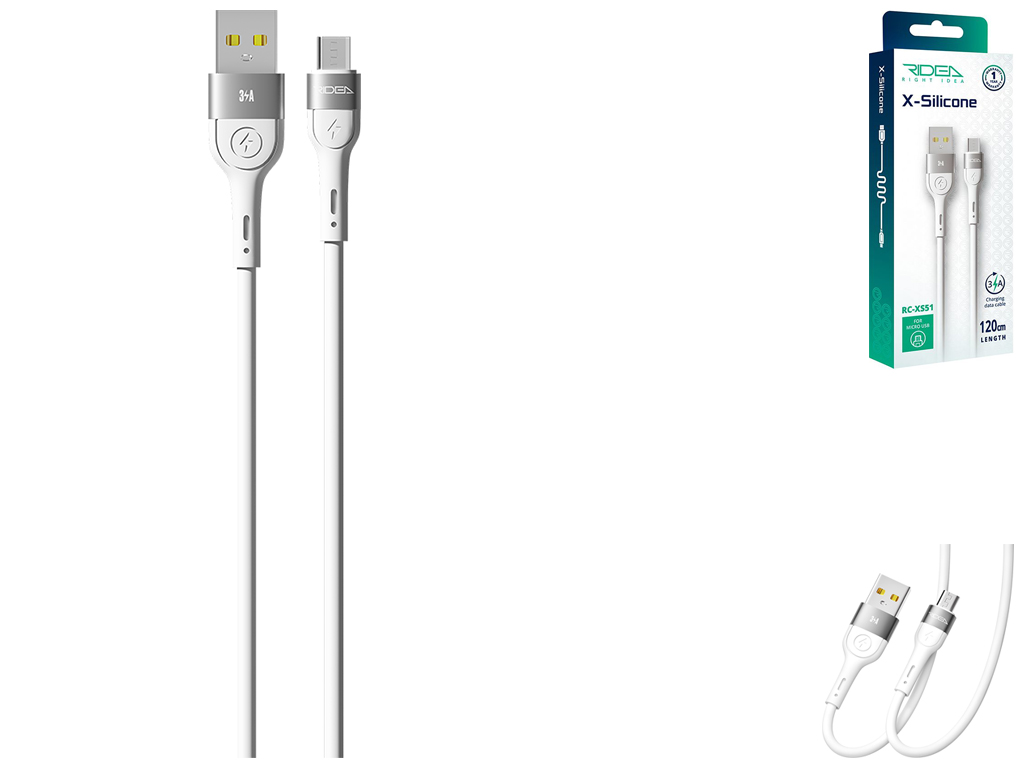 Кабель USB Ridea RC-XS51 X-Silicone MicroUSB 3A 1,2м Цвет Белый