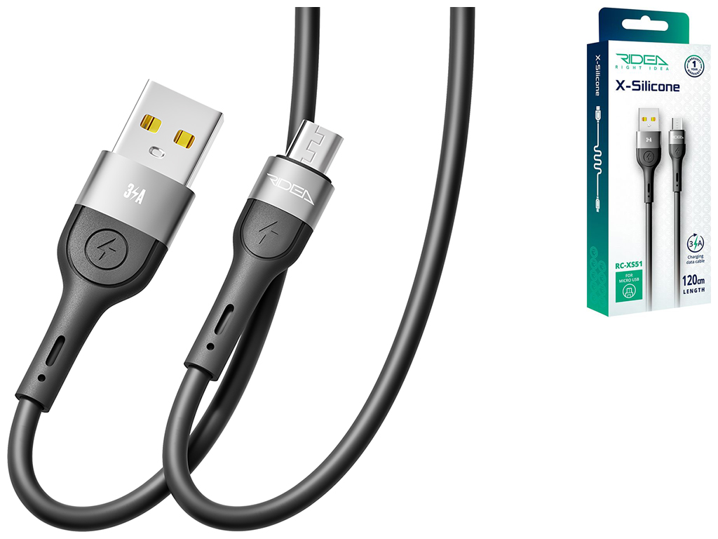Кабель USB Ridea RC-XS51 X-Silicone MicroUSB 3A 1,2м Цвет Черный