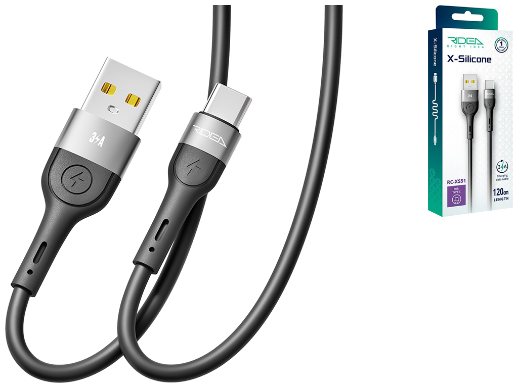 Кабель USB Ridea RC-XS51 X-Silicone Type-C 3A 1,2м Цвет Черный