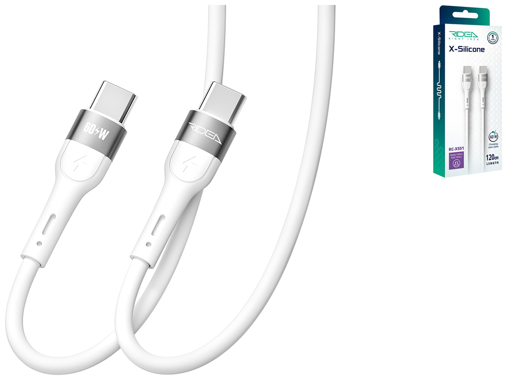 Кабель USB Ridea RC-XS51 X-Silicone Type-C to Type-C 60W 1,2м Цвет Белый