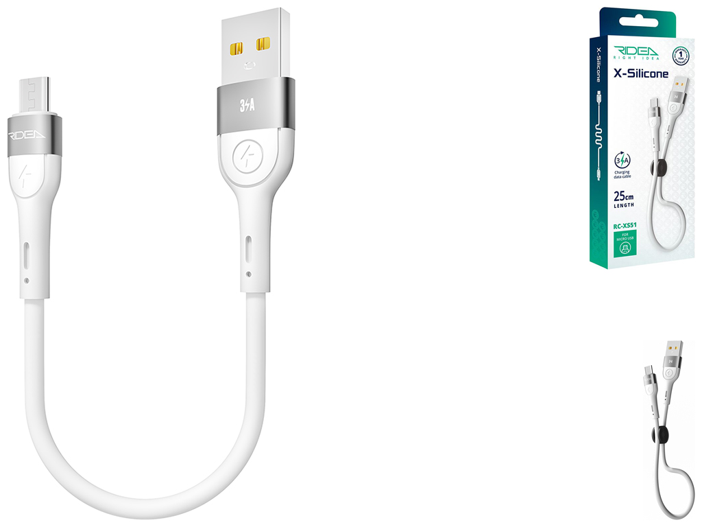 Кабель USB Ridea RC-XS51 X-Silicone MicroUSB 3A 0.25м, Цвет Белый