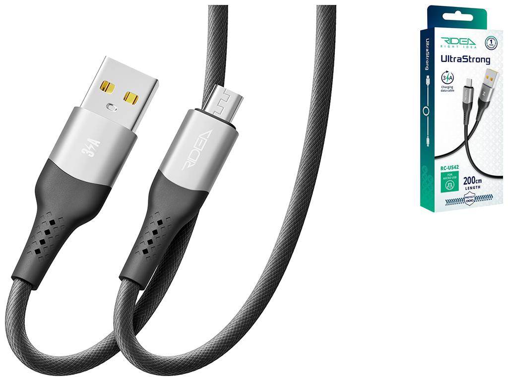 Кабель USB Ridea RC-US42 UltraStrong MicroUSB 3A 2м, Цвет Черный