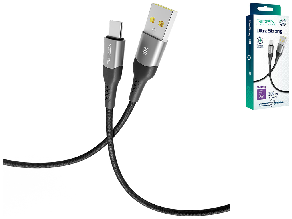 Кабель USB Ridea RC-US42 UltraStrong Type-C 3A 2м, Цвет Черный