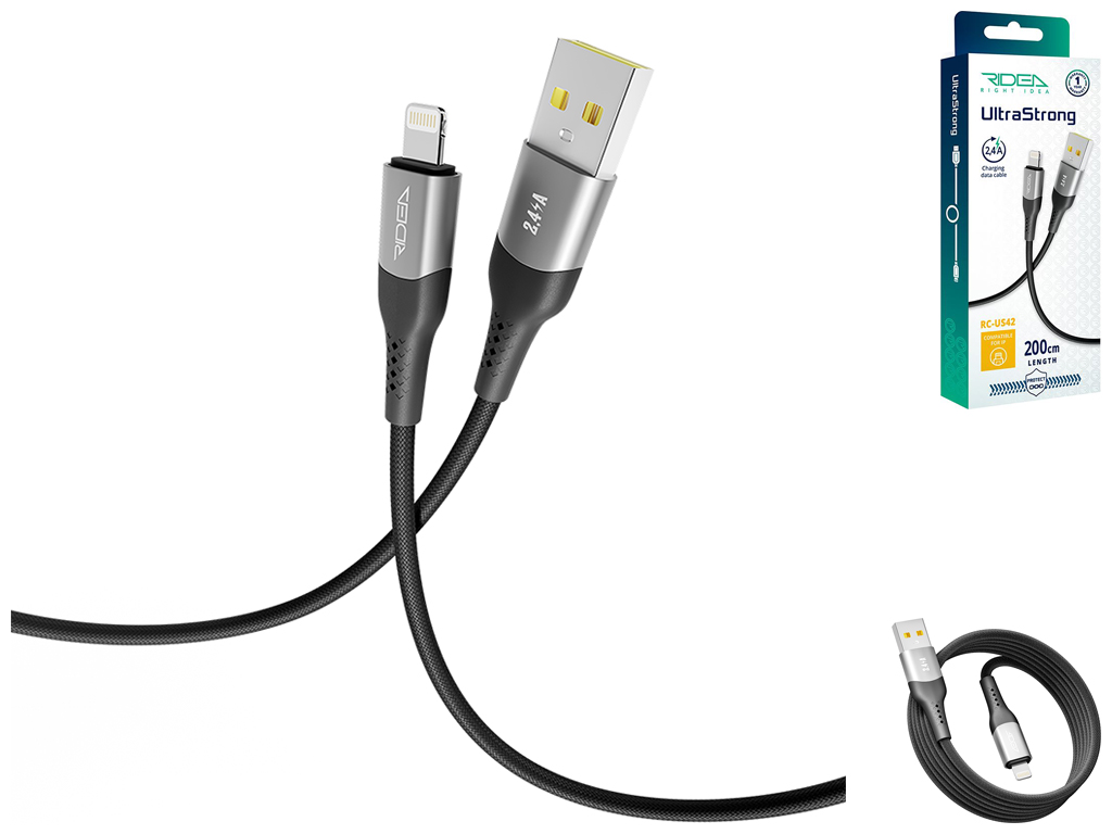 Кабель USB Ridea RC-US42 UltraStrong Lightning 12W 2м, Цвет Черный