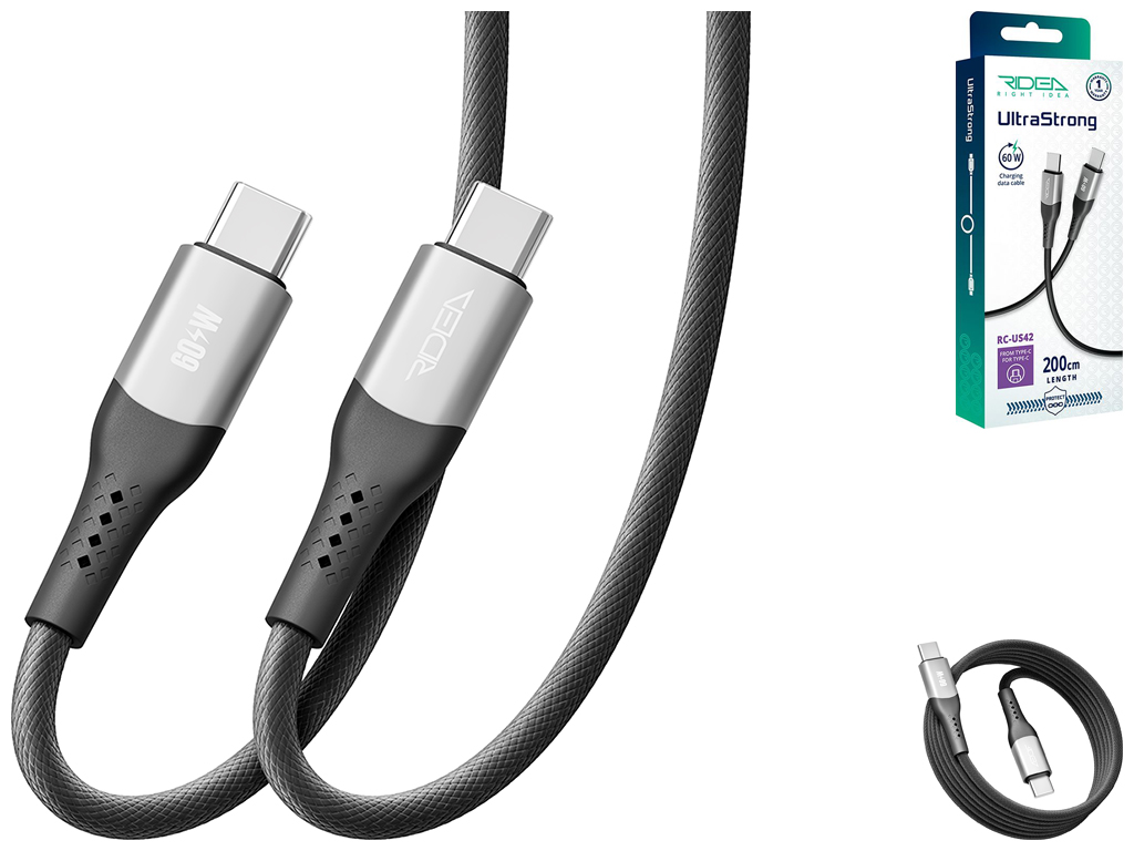 Кабель USB Ridea RC-US42 UltraStrong Type-C to Type-C 60W 2м, Цвет Черный