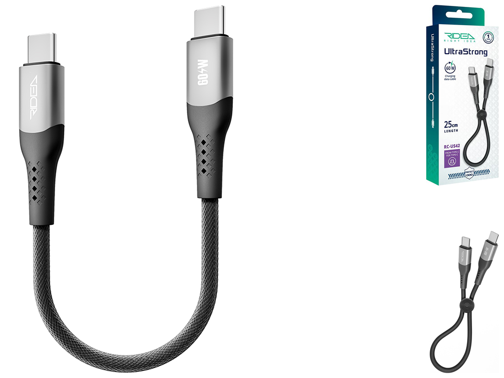 Кабель USB Ridea RC-US42 UltraStrong Type-C to Type-C 60W 0.25м, Цвет Черный