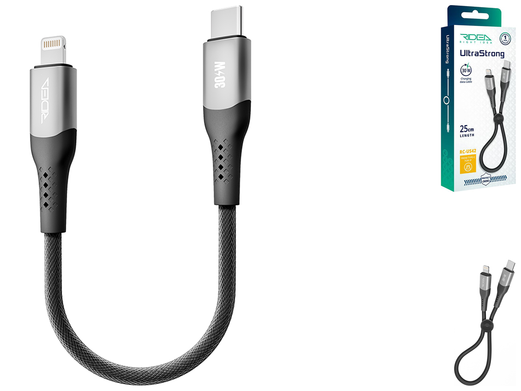Кабель USB Ridea RC-US42 UltraStrong Type-C to Lightning 30W 0.25м, Цвет Черный