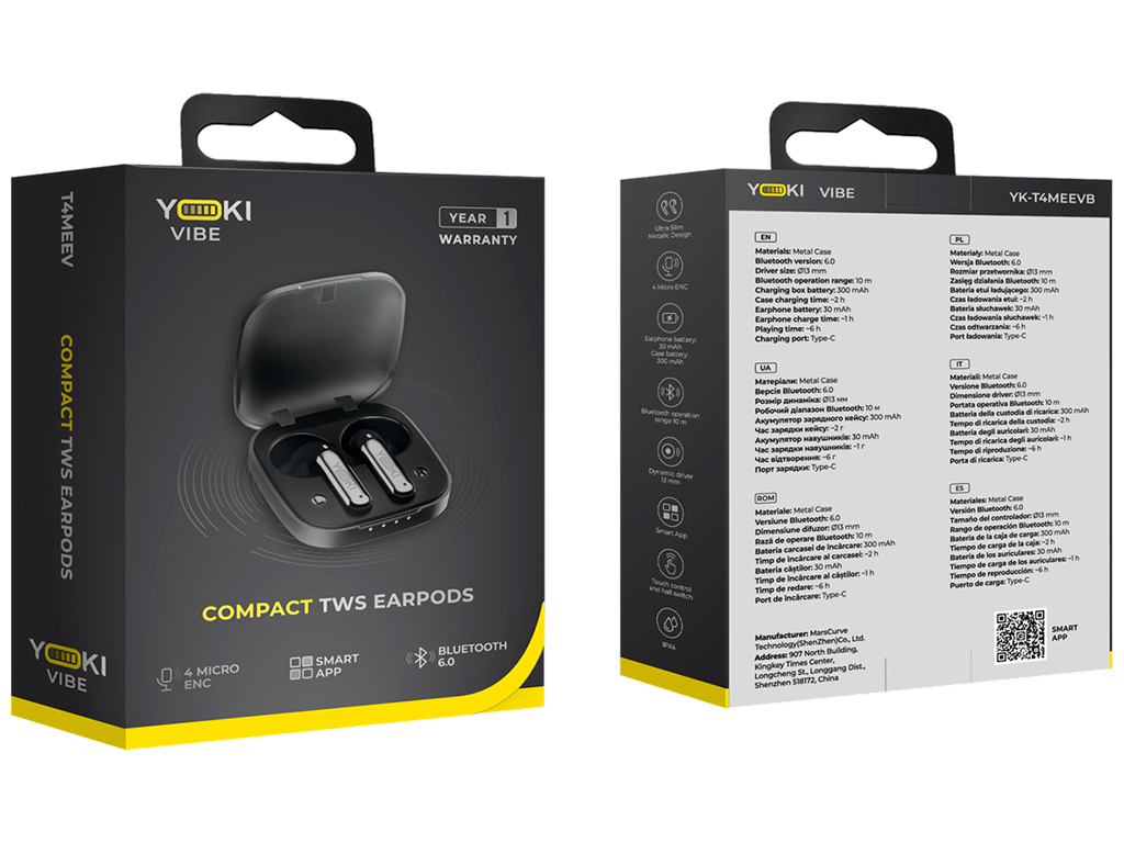 Наушники беспроводные Yoki Vibe, Tws, Enc, Bluetooth 6.0, Ipx4