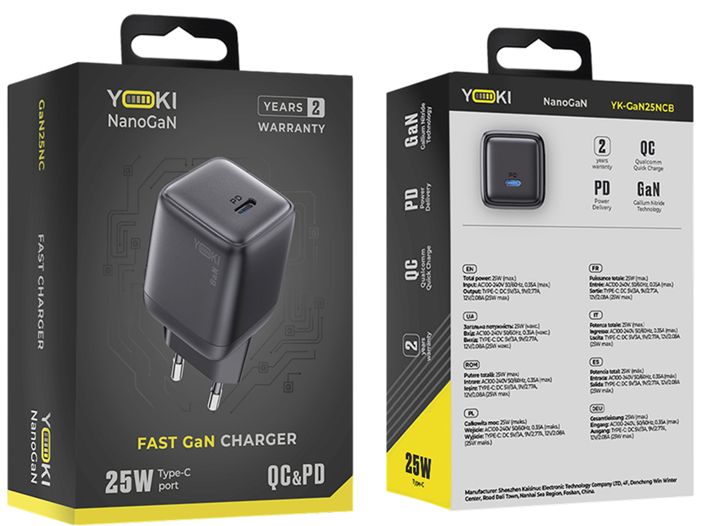 Сетевое зарядное устройство Yoki NanoGaN, GaN, Type-C, Pd, Qc, 25Вт