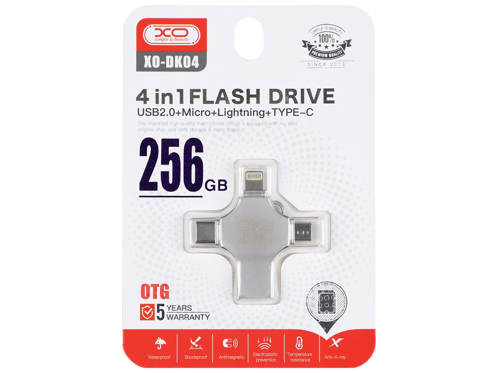 USB флеш-накопитель XO DK04 USB2.0 4 in 1 256GB, Стальной