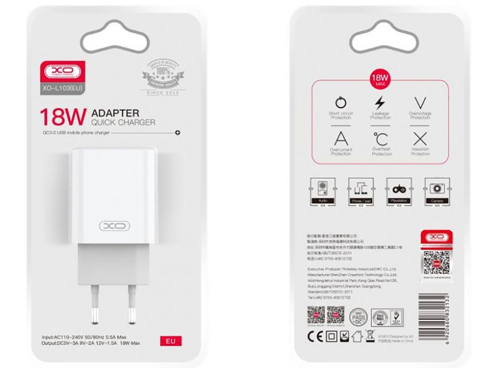 Сетевое Зарядное Устройство XO L103 1USB QC 18W Цвет Белый