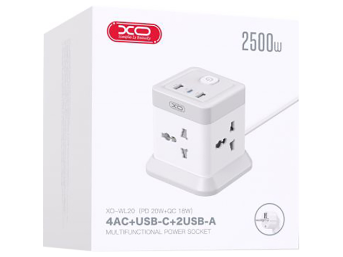 Сетевой Удлинитель XO WL20 20W Square Socket 4AC +USB-A+1USB-C PD/QC 2m Цвет Белый