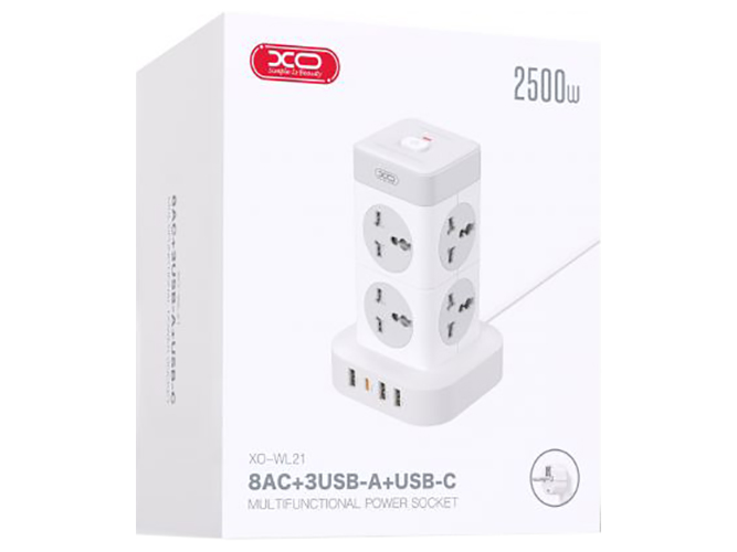 Сетевой Удлинитель XO WL21 Tower Shaped 8AC socket+3USB-A+1USB-C 2m Цвет Белый