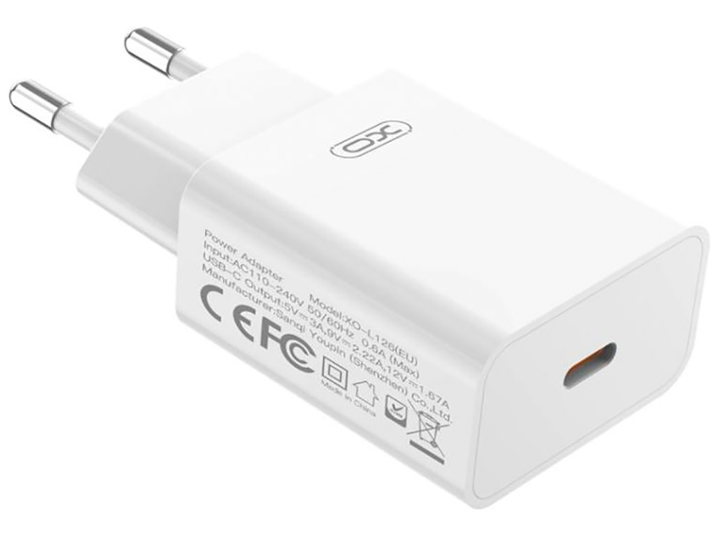 Сетевое зарядное устройство XO L126 1USB-C PD/QC 20W, цвет белый