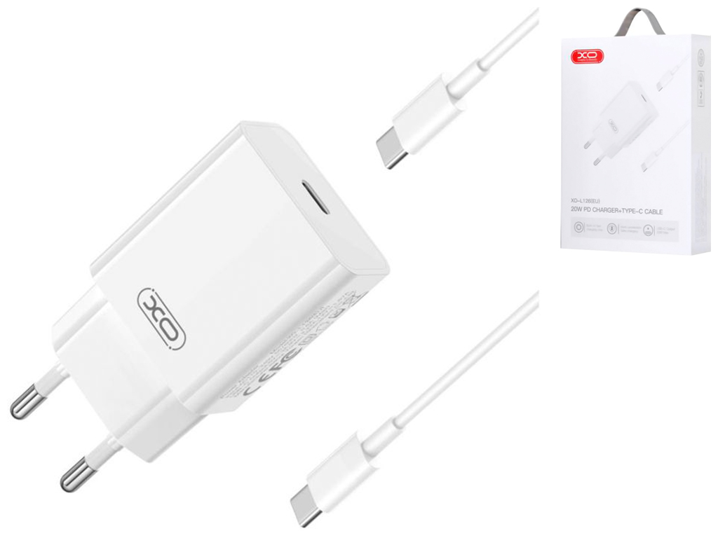 Сетевое зарядное устройство XO L126 1USB-C PD/QC 20W+Type-C to Type-C, цвет белый