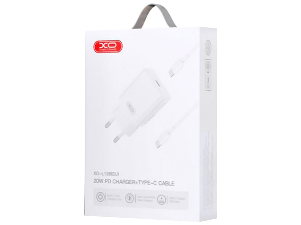 Сетевое зарядное устройство XO L126 1USB-C PD/QC 20W+Type-C to Type-C, цвет белый