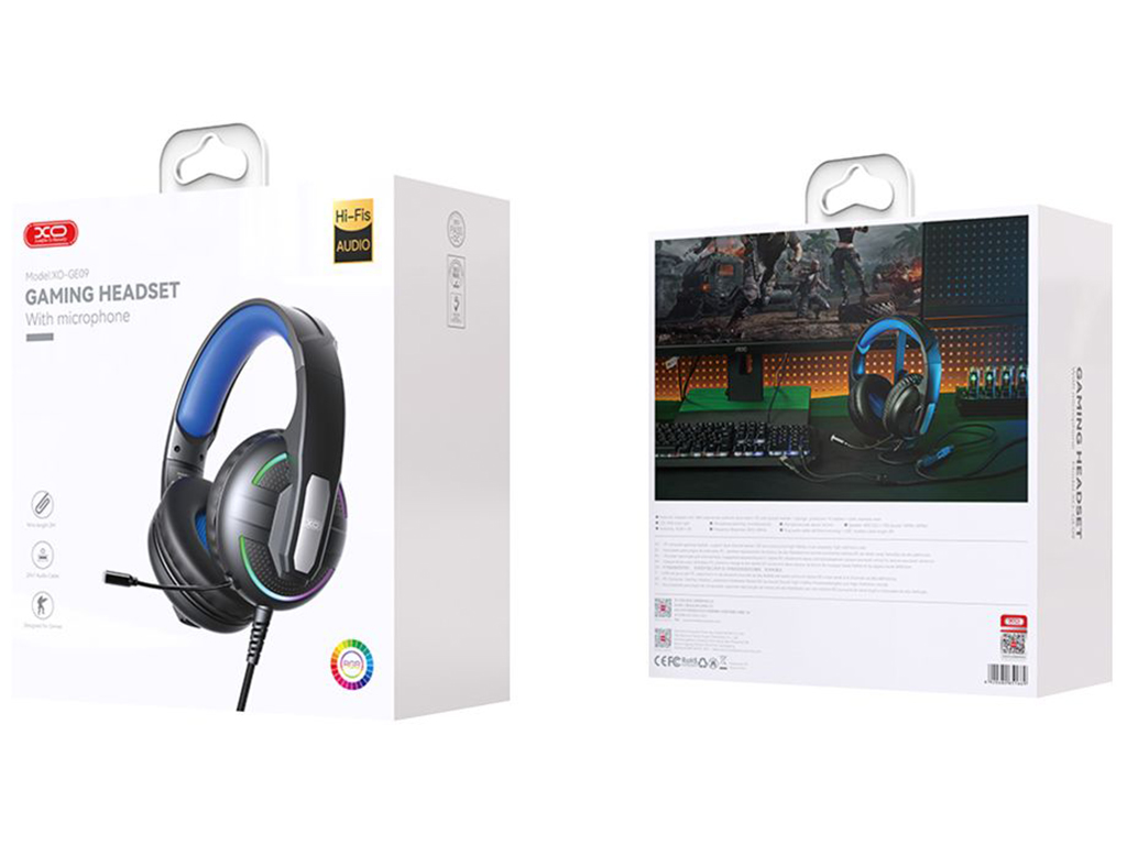 Игровые наушники XO-GE-09 Static RGB Long мic Headworn USB+3.5 (with adapter cable) Цвет Черный