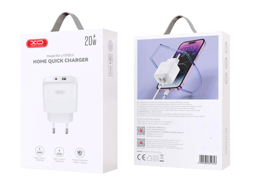 Сетевое зарядное устройство XO L137, 20 Вт, 1 USB-C, 1 USB, поддержка PD QC, цвет белый
