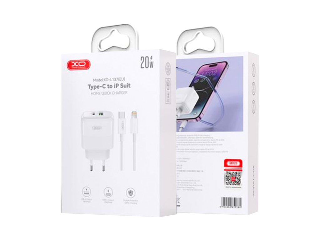 Сетевое зарядное устройство XO L137, 20 ватт, поддержка PD и QC, Type-C to Lightning, цвет белый