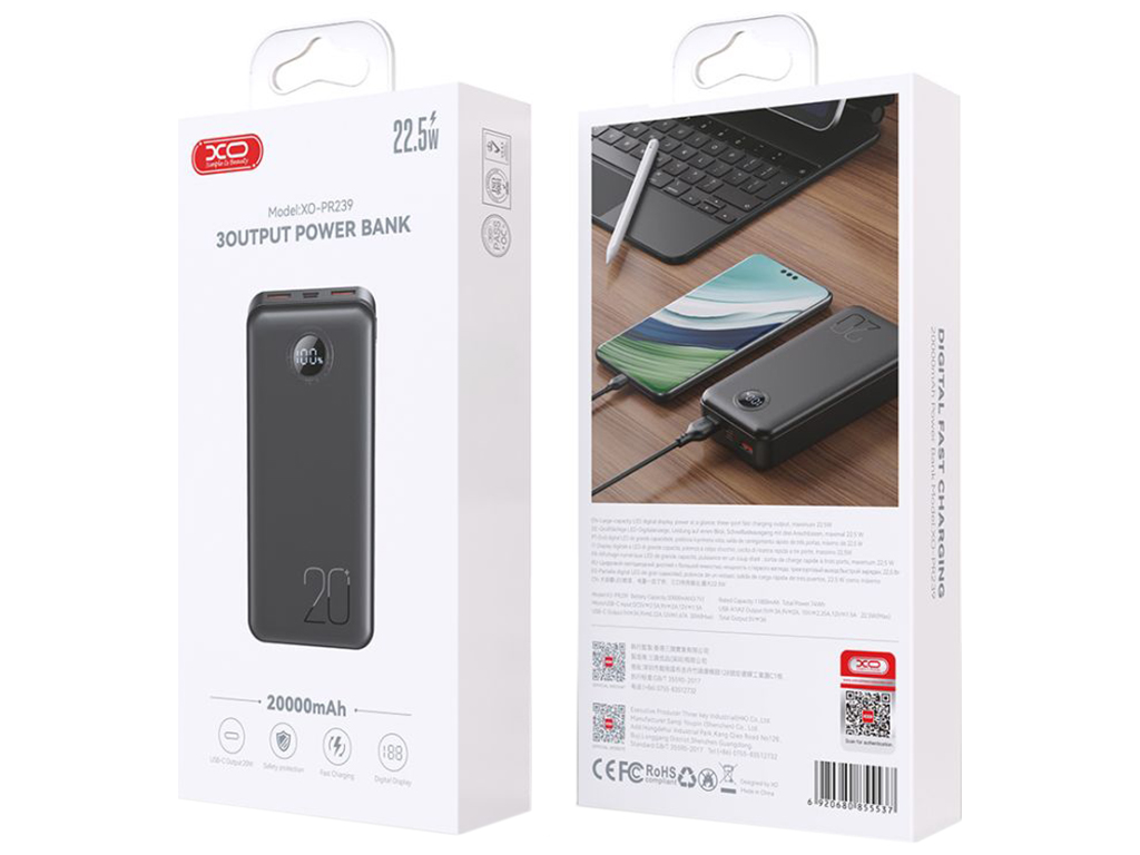 Power Bank XO PR239 PD20W/QC 22.5W digital display 20000 mAh Цвет Черный