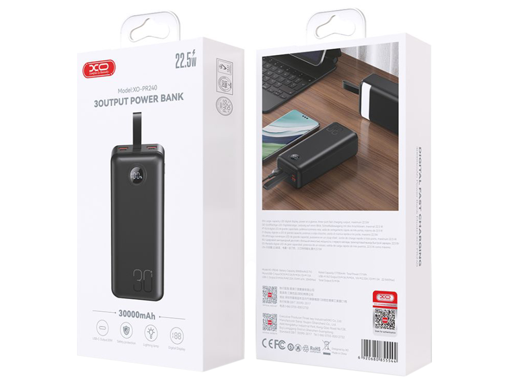 Power Bank XO PR240 QC22.5W PD20W digital display, with light, 30000 mAh Цвет Черный