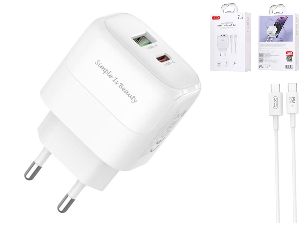 Сетевое зарядное устройство XO L137, 20 ватт, 1 USB-C, 1 USB PD/QC, Type-C to Type-C, цвет белый