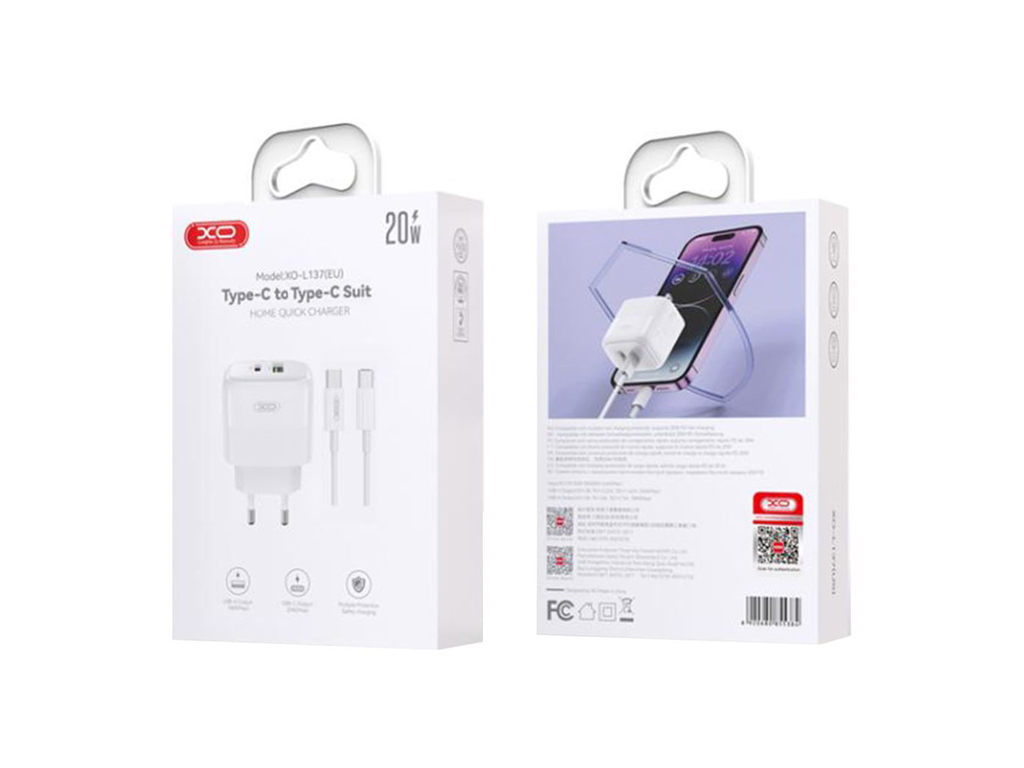 Сетевое зарядное устройство XO L137, 20 ватт, 1 USB-C, 1 USB PD/QC, Type-C to Type-C, цвет белый