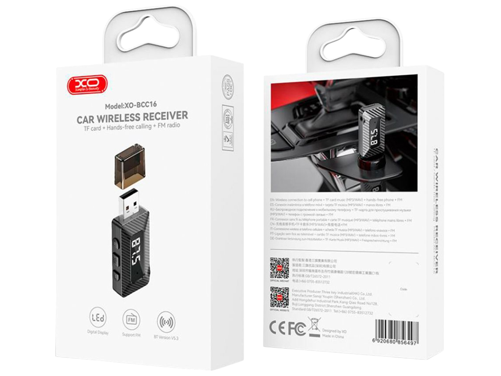 Автомобильный FM-модулятор XO BCC16, Bluetooth 5.3, дисплей, микрофон, AUX+USB, цвет черный
