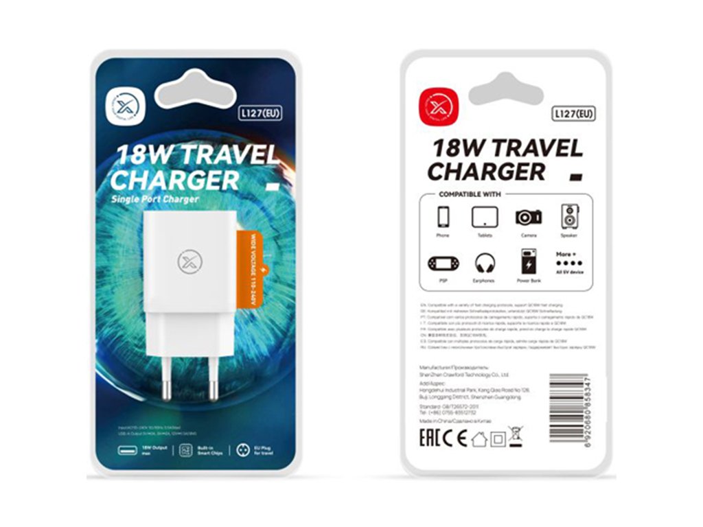 Сетевое зарядное устройство XO L127 18W, 1 USB, quick charge, цвет белый
