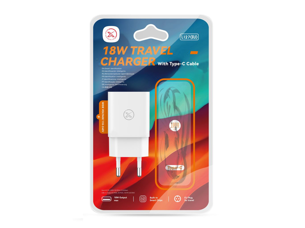 Сетевое зарядное устройство XO L127 18W, USB 1 порт, кабель USB to Type-C, цвет белый