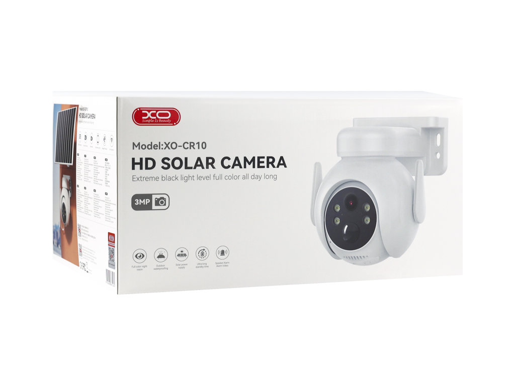 Камера уличная XO CR10 Solar, 3Мп, Wi-Fi, 7800мАч, Type-C, ABS пластик, 273×140×210мм, цвет белый