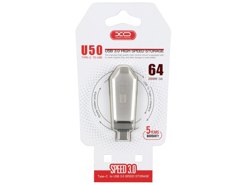 USB флеш-накопитель XO U50 USB3.0+Type C 64GB, Стальной