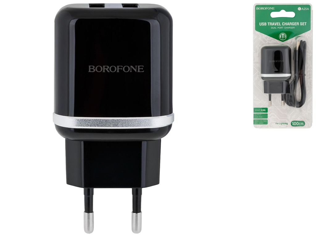 Мережевий Зарядний Пристрій Borofone BA25A Lightning 2USB 2.4A, Колір Чорний