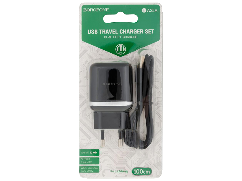 Мережевий Зарядний Пристрій Borofone BA25A Lightning 2USB 2.4A, Колір Чорний
