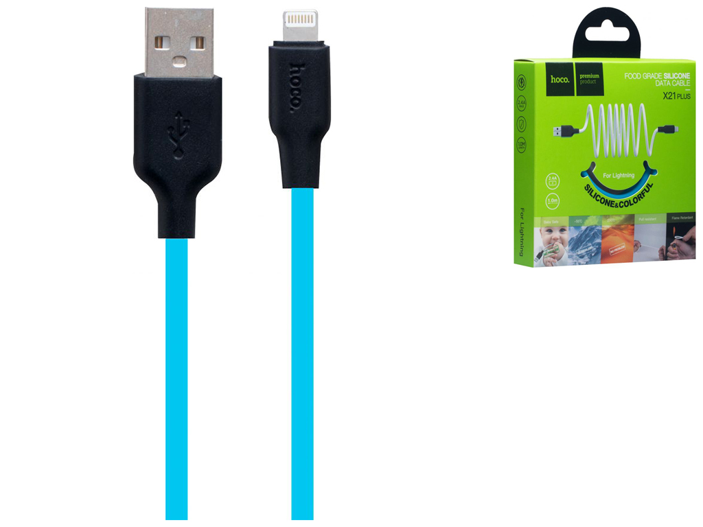 Кабель USB Hoco X21 Plus Silicone Lightning, Чёрно-Синий
