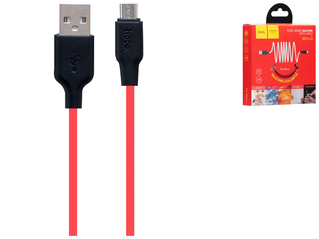 Кабель USB Hoco X21 Plus Silicone Micro, Чёрно-Красный